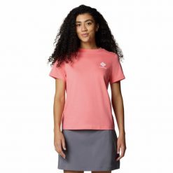 Koszulka damska Columbia Rolling Bend Graphic Short Sleeve z krótkim rękawem. Czerwone koszulki damskie Columbia, l, bez wzorów, bez kołnierzyka, bez ramiączek. Za 84.99 zł.
