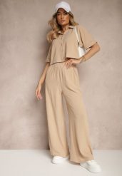 Beżowy Komplet Spodnie o Szerokim Kroju i Koszula na Krótki Rękaw Tultebis. Brązowe koszule damskie Renee, l, bez wzorów, eleganckie, bez kołnierzyka, bez ramiączek. Za 64.99 zł.