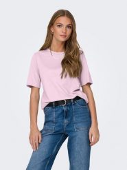 ONLY Koszulka w kolorze jasnoróżowym rozmiar: M. Różowe bluzki damskie Only, m, bez wzorów, z bawełny, bez kołnierzyka, bez ramiączek. Za 37.47 zł.