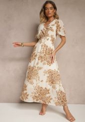 Jasnobeżowa Rozkloszowana Sukienka z Wiązaniem w Kwiatowy Wzór Jeloiti. Brązowe sukienki damskie Renee, bez wzorów, eleganckie, bez ramiączek. W wyprzedaży za 62.99 zł.