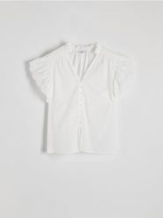 Bawełniana koszula z ażurowym haftem - biały. Białe koszule damskie Reserved, l, w ażurowe wzory, z bawełny, bez kołnierzyka, bez ramiączek. W wyprzedaży za 49.99 zł.