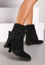 Czarne Botki Kowbojki na Słupku Ozdobione Wywiniętą Cholewką Ansinae. Czarne botki damskie Renee, eleganckie, bez obcasa, na obcasie, bez zapięcia. Za 169.99 zł.