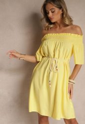 Żółta Sukienka Hiszpanka z Bawełną i Wiskozą Ozdobiona Sznurkiem Lilarelle. Żółte sukienki damskie Renee, bez wzorów, z bawełny, eleganckie, bez ramiączek. W wyprzedaży za 47.99 zł.