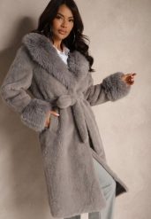 Szary Futrzany Płaszcz z Wiązanym Paskiem Ozdobnym Kołnierzem i Mankietami Viaressa. Szare płaszcze damskie Renee, l, bez wzorów, z futra, bez kaptura. Za 229.99 zł.