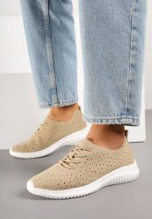 Beżowe Sneakersy z Ażurową Cholewką Grellio. Brązowe obuwie sportowe damskie Born2be, z jeansu, bez zapięcia. Za 74.99 zł.