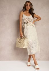 Beżowa Ażurowa Spódnica z Gumką w Talii o Trapezowym Kroju Tiamaz. Brązowe spódnice damskie Renee, na co dzień, w ażurowe wzory, z bawełny, eleganckie, midi. Za 99.99 zł.