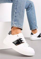 Biało-Czarne Sneakersy na Niskiej Platformie z Metalicznymi Wstawkami Tommu. Białe obuwie sportowe damskie Renee, z jeansu, bez zapięcia. Za 79.99 zł.