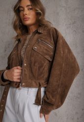 Brązowa Kurtka Utility Cropped z Imitacji Zamszu z Suwakami i Paskiem w Talii Gleania. Brązowe kurtki damskie Renee, l, bez wzorów, z koronki, bez kaptura. Za 209.99 zł.