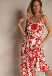 Czerwona Sukienka z Wiskozą o Rozkloszowanym Kroju w Kwiaty Thirimi. Czerwone sukienki damskie Renee, bez wzorów, z wiskozy, eleganckie, bez ramiączek. W wyprzedaży za 55.99 zł.