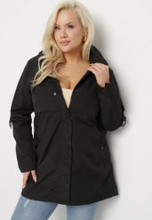 Czarna Kurtka w Stylu Parki z Kapturem i Ściągaczem w Talii Efanelena. Czarne kurtki damskie Born2be, plus size, bez wzorów, z jeansu, z kapturem. Za 159.99 zł.