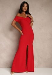 Czerwona Sukienka Koktajlowa Typu Hiszpanka z Rozcięciem na Nogę Hallomea. Czerwone sukienki damskie Renee, bez wzorów, eleganckie, bez ramiączek. Za 49.99 zł.