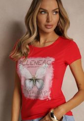 Czerwony T-shirt z Bawełny Ozdobiony Cyrkoniami i Motylem Uliadwena. Czerwone t-shirty damskie Renee, s, bez wzorów, z bawełny, bez kołnierzyka. Za 39.99 zł.