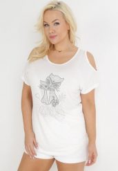 Biała Bluzka Nietoperz z Wycięciami na Ramionach i Cekinami Ophitine. Białe bluzki damskie Born2be, bez wzorów, bez kołnierzyka, bez ramiączek. Za 39.99 zł.