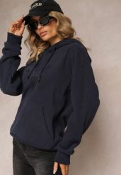 Granatowa Dzianinowa Bluza z Nadrukiem i Kapturem Nehret. Niebieskie bluzy damskie Renee, l, z aplikacjami, z dzianiny, z kapturem. Za 69.99 zł.
