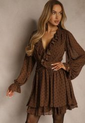 Brązowa Rozkloszowana Sukienka z Siateczki w Groszki z Falbankami Nesiba. Brązowe sukienki damskie Renee, bez wzorów, z poliesteru, bez ramiączek. Za 159.99 zł.