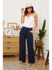 Le Monde du Lin Lniane spodnie "Valencia" w kolorze granatowym rozmiar: 36/38. Niebieskie spodnie materiałowe damskie Le Monde du Lin, bez wzorów, ze lnu. Za 85.45 zł.