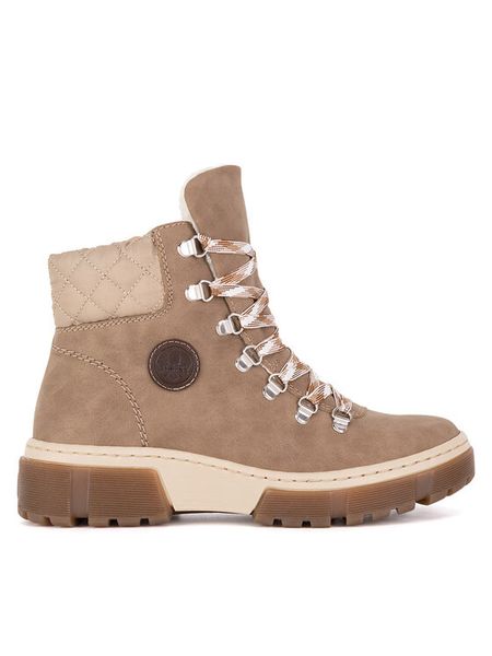 Rieker Trzewiki X8647-64 Beżowy. Brązowe botki damskie Rieker, z materiału, bez obcasa, na płaskiej podeszwie, bez zapięcia. Za 258.99 zł.