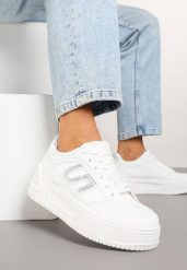 Białe Sneakersy na Grubej Podeszwie z Geometrycznym Wzorem Korsemi. Białe obuwie sportowe damskie Born2be, z jeansu, bez zapięcia. Za 109.99 zł.