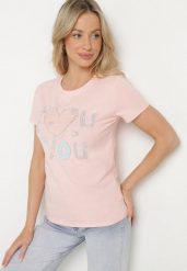Różowy Bawełniany T-shirt z Sercem i Napisem Olirwenna. Czerwone t-shirty damskie Born2be, m, bez wzorów, z bawełny, bez kołnierzyka. Za 34.99 zł.