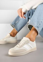 Beżowe Sneakersy w Stylu Tenisówek z Paskami Eleaniria. Brązowe obuwie sportowe damskie Renee, z jeansu, bez zapięcia, tenisowe. Za 79.99 zł.