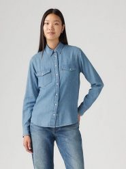 Levi's Koszula dżinsowa w kolorze niebieskim rozmiar: L. Niebieskie koszule damskie Levi's, l, bez wzorów, z bawełny, bez kołnierzyka, bez ramiączek. Za 149.95 zł.