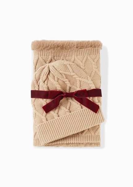 Szal komin + czapka (2 części). Brązowe kominy damskie bonprix, bez wzorów, z dzianiny. Za 109.99 zł.