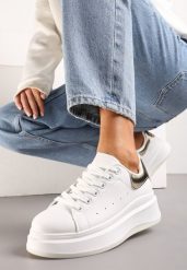 Biało-Złote Sznurowane Sneakersy z Imitacji Skóry na Platformie Filamena. Białe obuwie sportowe damskie Renee, ze skóry, bez zapięcia. Za 44.99 zł.