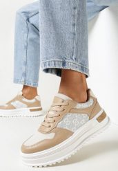 Ciemnobeżowe Sneakersy na Grubej Podeszwie z Brokatowymi Wstawkami Jakelina. Brązowe obuwie sportowe damskie Born2be, bez zapięcia. Za 84.99 zł.