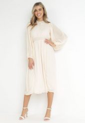 Beżowa Elegancka Sukienka Midi z Gumkami w Pasie i Ażurowymi Wstawkami Rouxia. Brązowe sukienki damskie Born2be, w ażurowe wzory, eleganckie, bez ramiączek. W wyprzedaży za 144.49 zł.