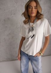 Biały Bawełniany T-shirt Hillswor Ozdobiony Apaszką. Białe t-shirty damskie Renee, l, bez wzorów, z bawełny, bez kołnierzyka. Za 69.99 zł.