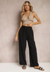 Czarne Spodnie High Waist ze Sznurkiem w Talii i Prostą Nogawką Raveann. Czarne spodnie materiałowe damskie Renee, bez wzorów, z jeansu. Za 39.99 zł.
