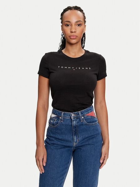 Tommy Jeans T-Shirt Linear DW0DW18398 Czarny Slim Fit. Czarne t-shirty damskie Tommy Jeans, xs, bez wzorów, z bawełny, bez kołnierzyka. Za 89.99 zł.