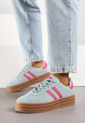 Niebiesko-Różowe Sneakersy na Platformie z Minimalistycznymi Przeszyciami Teritha. Niebieskie obuwie sportowe damskie Born2be, z materiału, bez zapięcia. Za 109.99 zł.