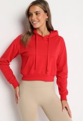 Czerwona Bluza z Dodatkiem Bawełny z Kapturem Wykończona Ściągaczami Evista. Czerwone bluzy damskie Born2be, l, bez wzorów, z bawełny, z kapturem. Za 29.99 zł.