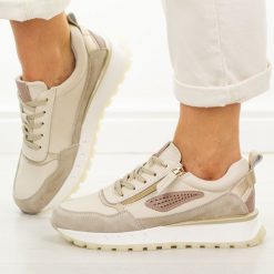 Beżowe skórzane sneakersy damskie Cambell 40347. Brązowe obuwie sportowe damskie Cambell, na jesień, z dresówki, bez zapięcia. W wyprzedaży za 219.12 zł.