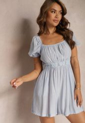 Niebieski Wiskozowy Letni Kombinezon z Krótkim Rękawem i Kwadratowym Dekoltem Geviana. Niebieskie sukienki damskie Renee, bez wzorów, z wiskozy, eleganckie, bez ramiączek. W wyprzedaży za 67.99 zł.