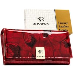Duży portfel damski z lakierowanej skóry naturalnej w czerwonym kolorze, wyposażony w system RFID Rovicky RH-24A-1-DBF. Czerwone portfele damskie bez wzorów, ze skóry. Za 89.99 zł.