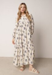 Jasnobeżowa Rozkloszowana Sukienka z Wiskozy z Dekoltem na Guziki Watesa. Brązowe sukienki damskie Born2be, bez wzorów, z materiału, boho, bez ramiączek. Za 129.99 zł.