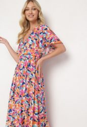 Pomarańczowa Sukienka z Wiskozy z Ozdobnymi Marszczeniami i Gumką w Pasie z Rozcięciem na Dole Fierasa. Brązowe sukienki damskie Born2be, bez wzorów, z jeansu, eleganckie, bez ramiączek. Za 79.99 zł.