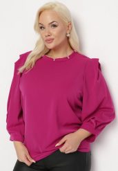 Fioletowa Bluzka ze Stójką z Perełkami i Bufiastymi Rękawami Moddia. Fioletowe bluzki damskie Born2be, xl, bez wzorów, klasyczne, bez kołnierzyka, bez ramiączek. Za 44.99 zł.