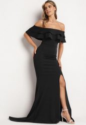 Czarna Elegancka Sukienka Typu Hiszpanka z Rozkloszowanym Dołem i Wycięciami Tumini. Czarne sukienki damskie Born2be, bez wzorów, z dzianiny, eleganckie, bez ramiączek. Za 209.99 zł.