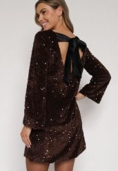 Brązowa Cekinowa Sukienka z Odkrytymi Plecami i Wiązaniem Diadina. Brązowe sukienki damskie Born2be, z aplikacjami, z elastanu, eleganckie, bez ramiączek. Za 169.99 zł.