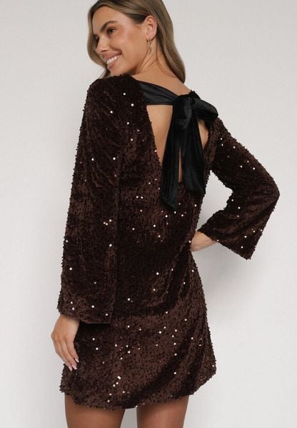 Brązowa Cekinowa Sukienka z Odkrytymi Plecami i Wiązaniem Diadina. Brązowe sukienki damskie Born2be, z aplikacjami, z elastanu, eleganckie, bez ramiączek. Za 169.99 zł.