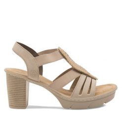 Sandały Rieker. Brązowe sandały damskie Rieker, bez wzorów, bez obcasa, na słupku, bez zapięcia. Za 299.99 zł.