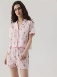 Dwuczęściowa piżama z bawełny - pastelowy róż. Czerwone piżamy damskie Reserved, bez wzorów, z bawełny, bez ramiączek. Za 129.99 zł.