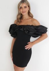 Czarna Sukienka Dopasowana z Falbanami Acore. Czarne sukienki damskie Born2be, bez wzorów, eleganckie, bez ramiączek. Za 199.99 zł.