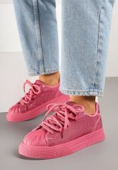 Fuksjowe Sneakersy Ozdobione Cyrkoniami na Platformie Lisavionea. Czerwone obuwie sportowe damskie Born2be, z jeansu, bez zapięcia. Za 109.99 zł.