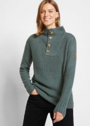 Sweter ze stójką w strukturalny wzór. Zielone swetry klasyczne damskie bonprix, bez kołnierzyka. Za 109.99 zł.