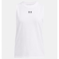 Tank top treningowy damski Under Armour Rival Muscle Tank. Białe koszulki sportowe damskie Under Armour, l, bez wzorów, bez ramiączek. Za 84.99 zł.