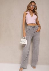 Jasnoszare Jeansy z Bawełny o Szerokim Kroju High Waist Ozdobione Przetarciami Silmoi. Szare jeansy damskie Renee, z podwyższonym stanem. Za 119.99 zł.